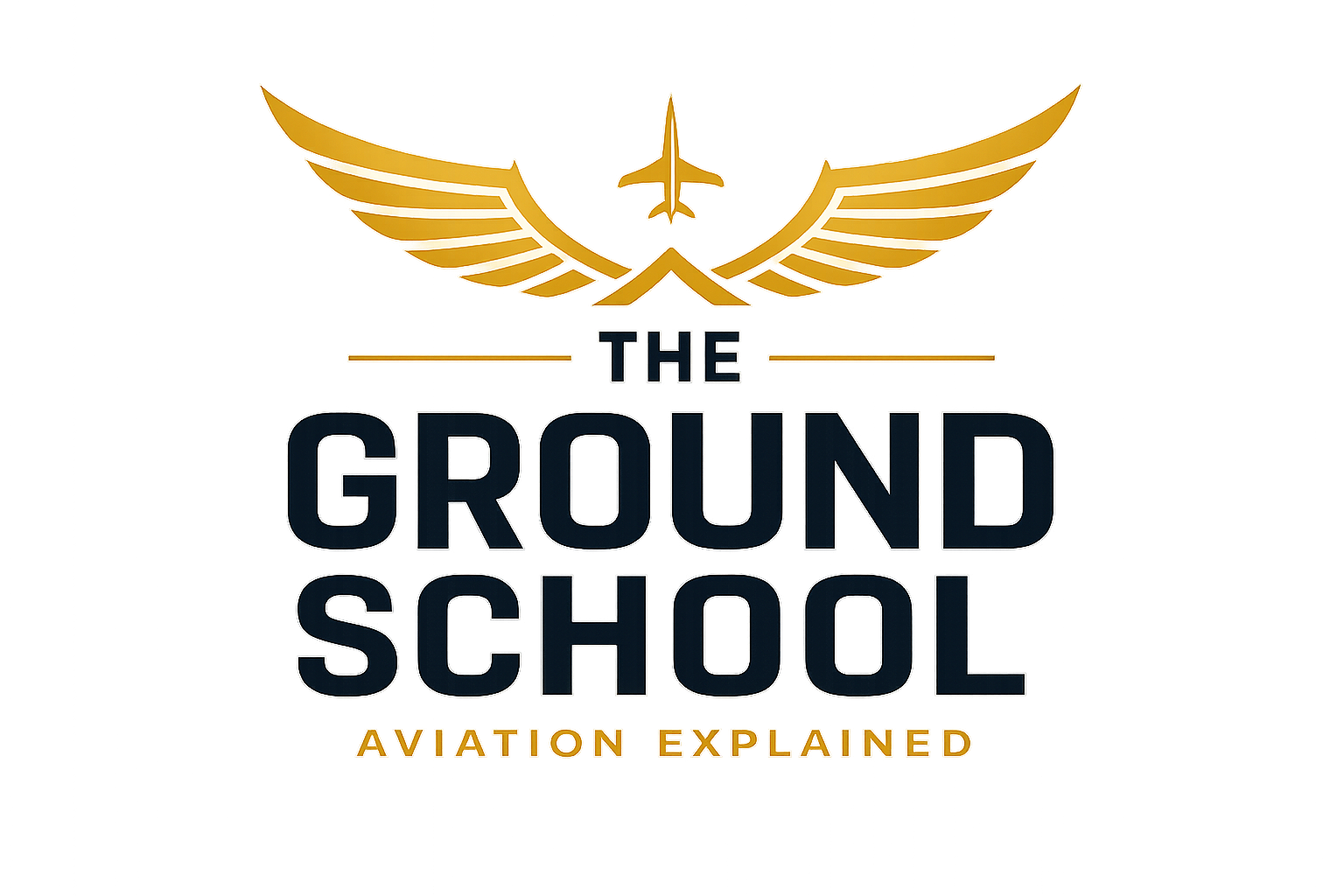 This is a Gold wing and an aircraft with a top view all in gold. This is the top part of the overal logo also the letters saying The ground school aviation explained.